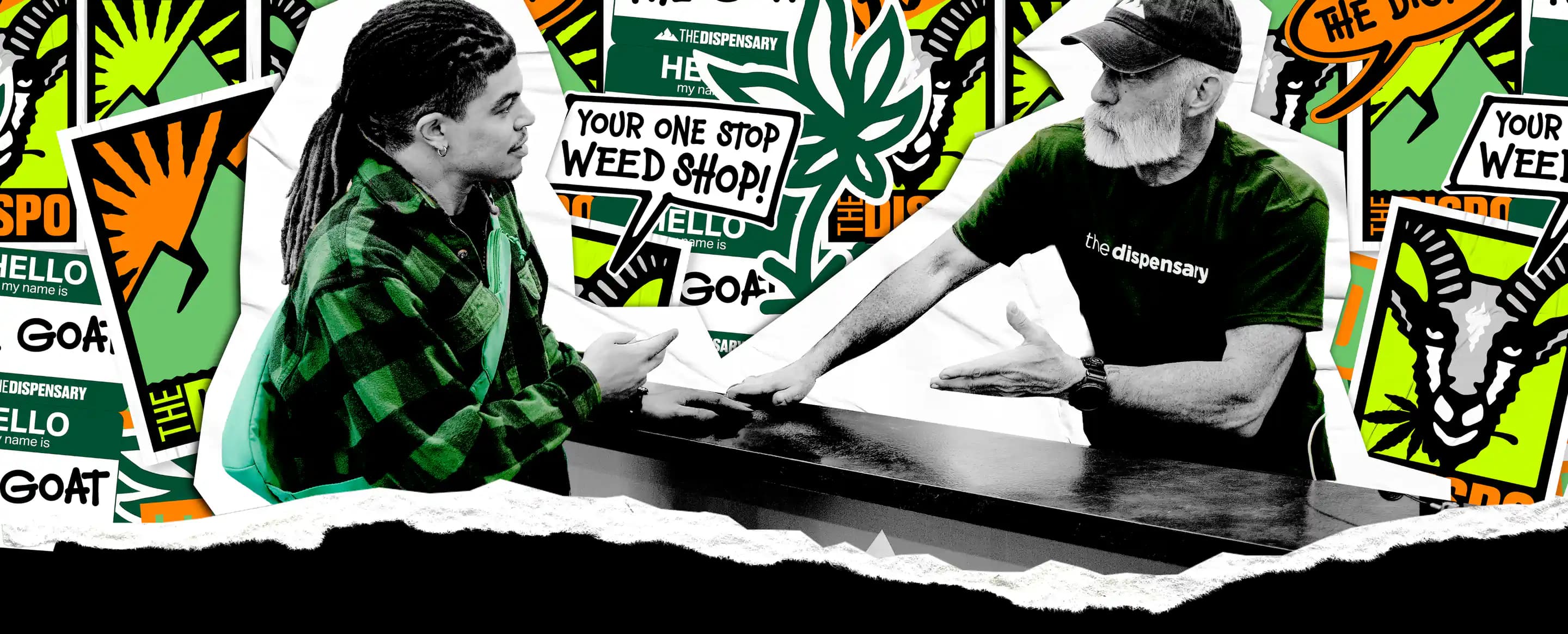 A budtender talking with a customer across the counter, over the brand's sticker collage
