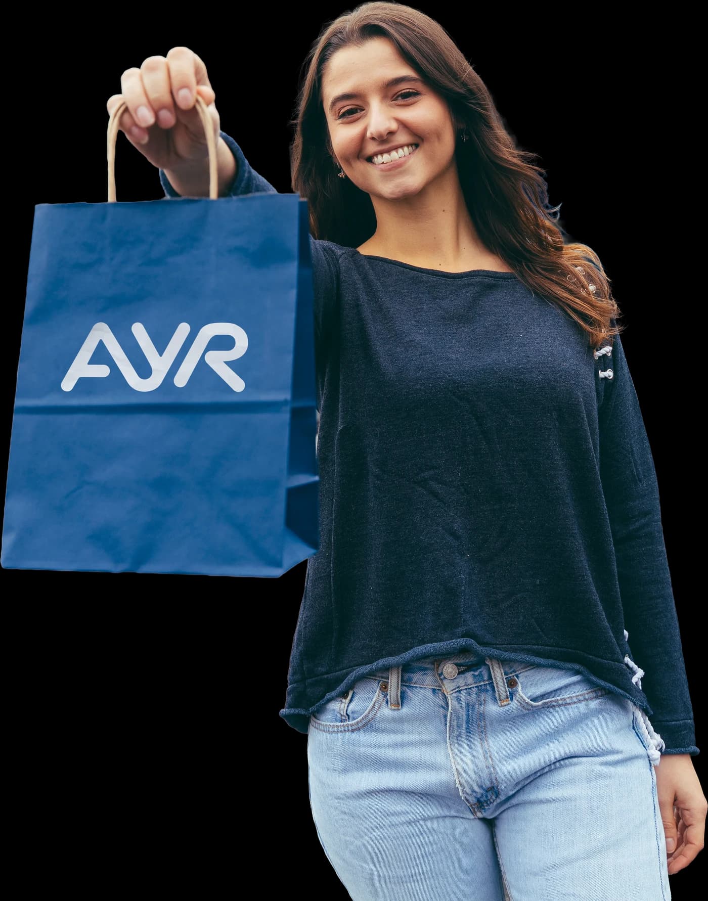 Smiling Ayr Dispensaries customer holding a blue Ayr shopping bag