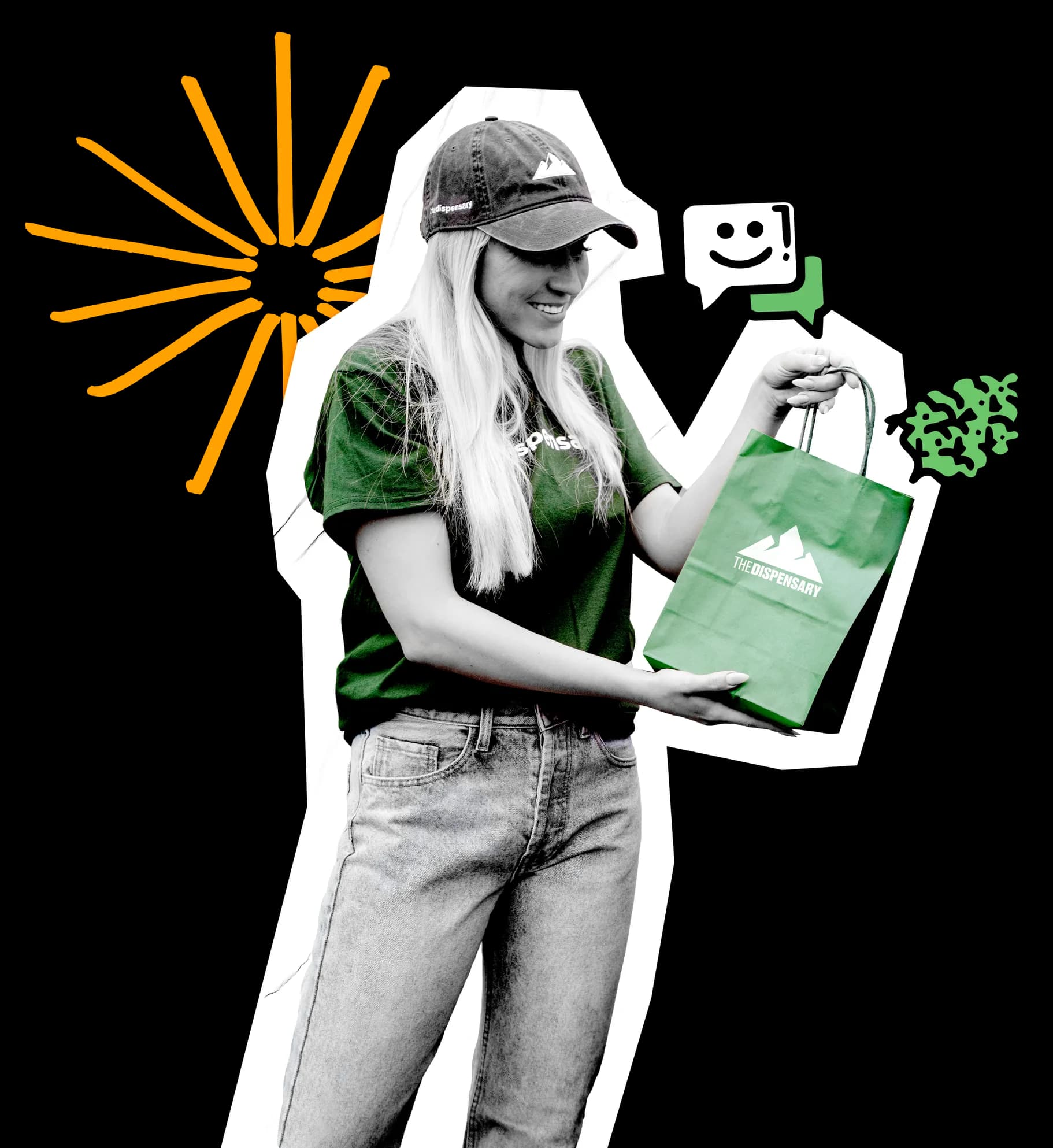 A team member handing over a green The Dispensary delivery bag
