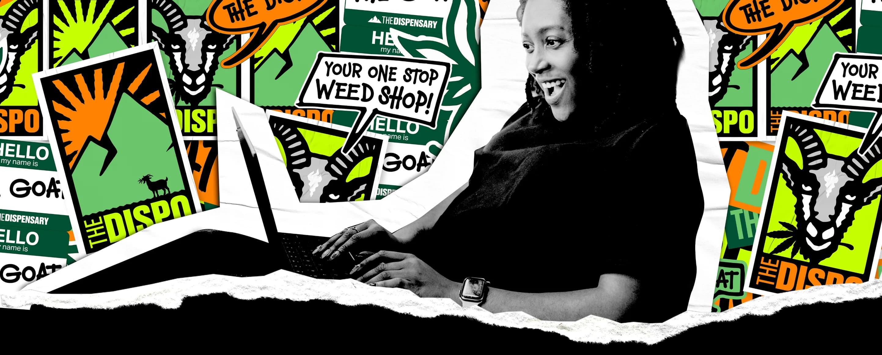 A customer shopping the menu on a laptop, over the brand’s sticker collage